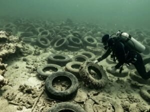 En 1972, un neumático pintado de oro cayó de un dirigible Goodyear para lanzar un arrecife artificial de 2 millones de neumáticos frente a las costas de Florida, y se convirtió en una máquina que sigue matando el coral vecino